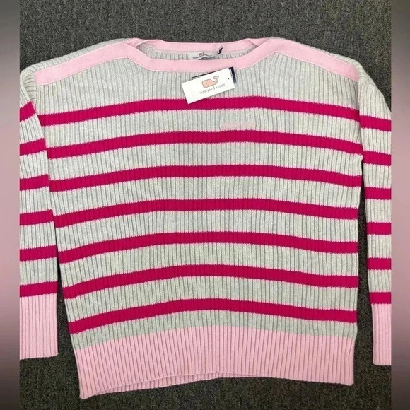 Vineyard Vines Sweater Pink Stripe Heather Gray Boatneck Women’s Small MSRP $90 - Picture 1 of 11